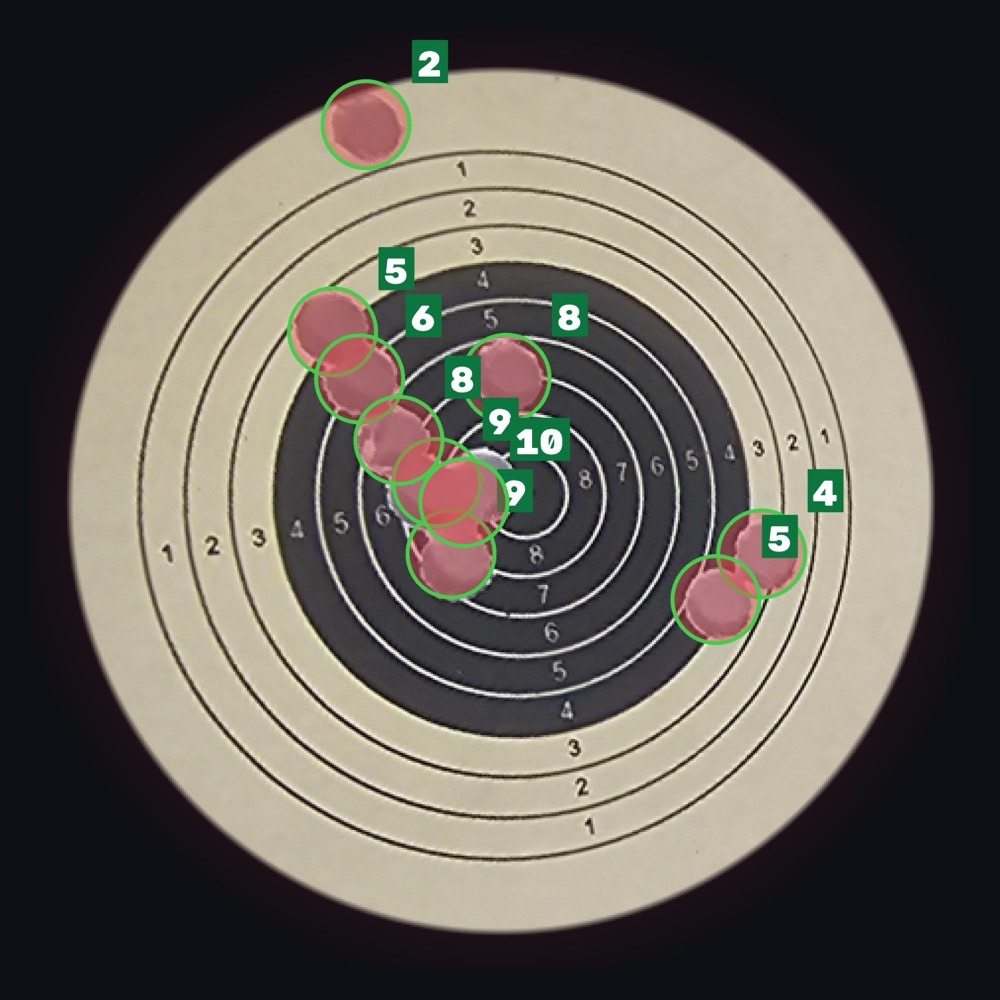 ISSF 10 m air rifle card with pellet holes